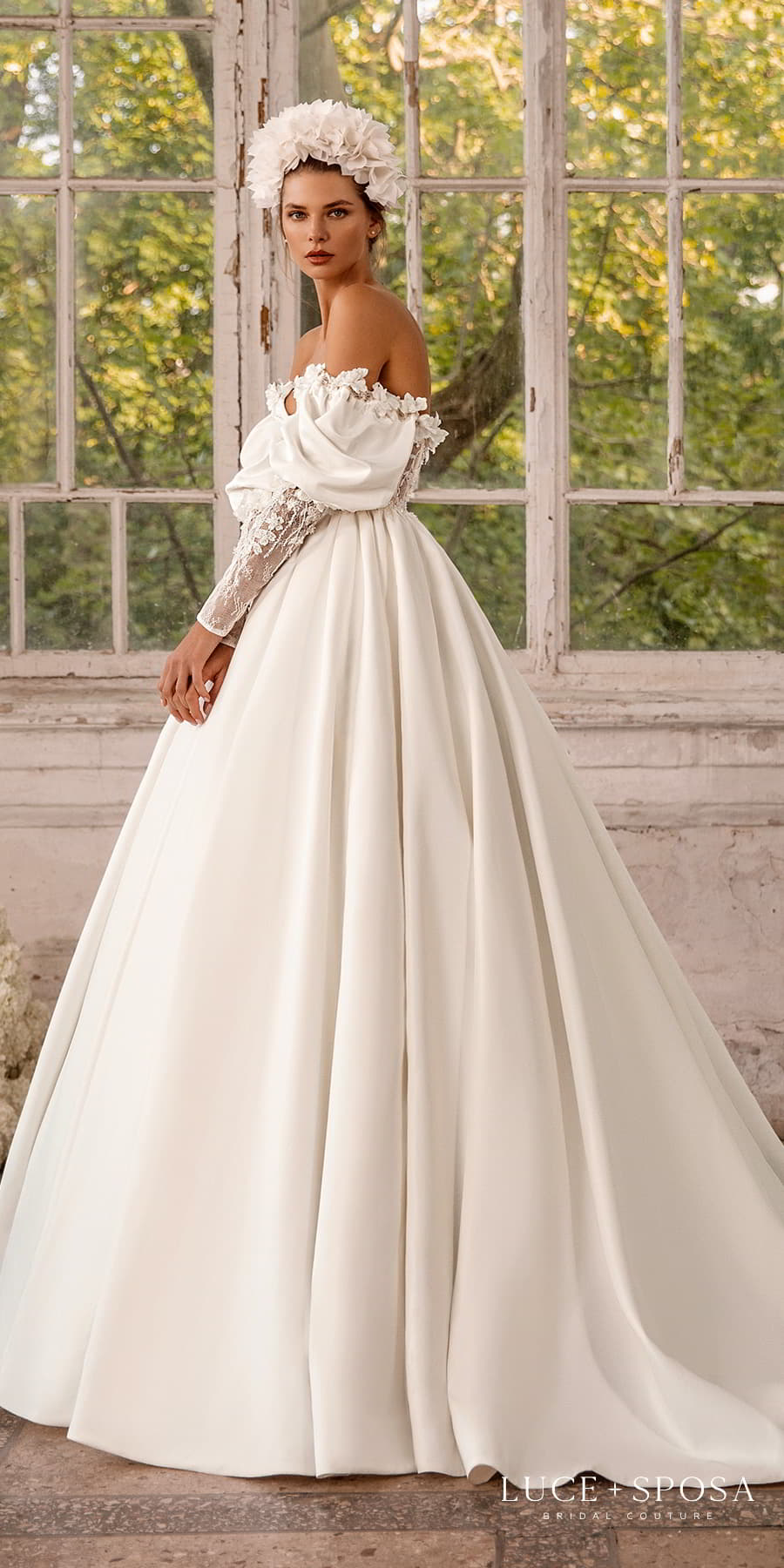 luce sposa 2022 symphony flowers bridal long puff sleeve off shoulder sweetheart neckline clean modern a line ball gown wedding dress chapel train (azalea) sv