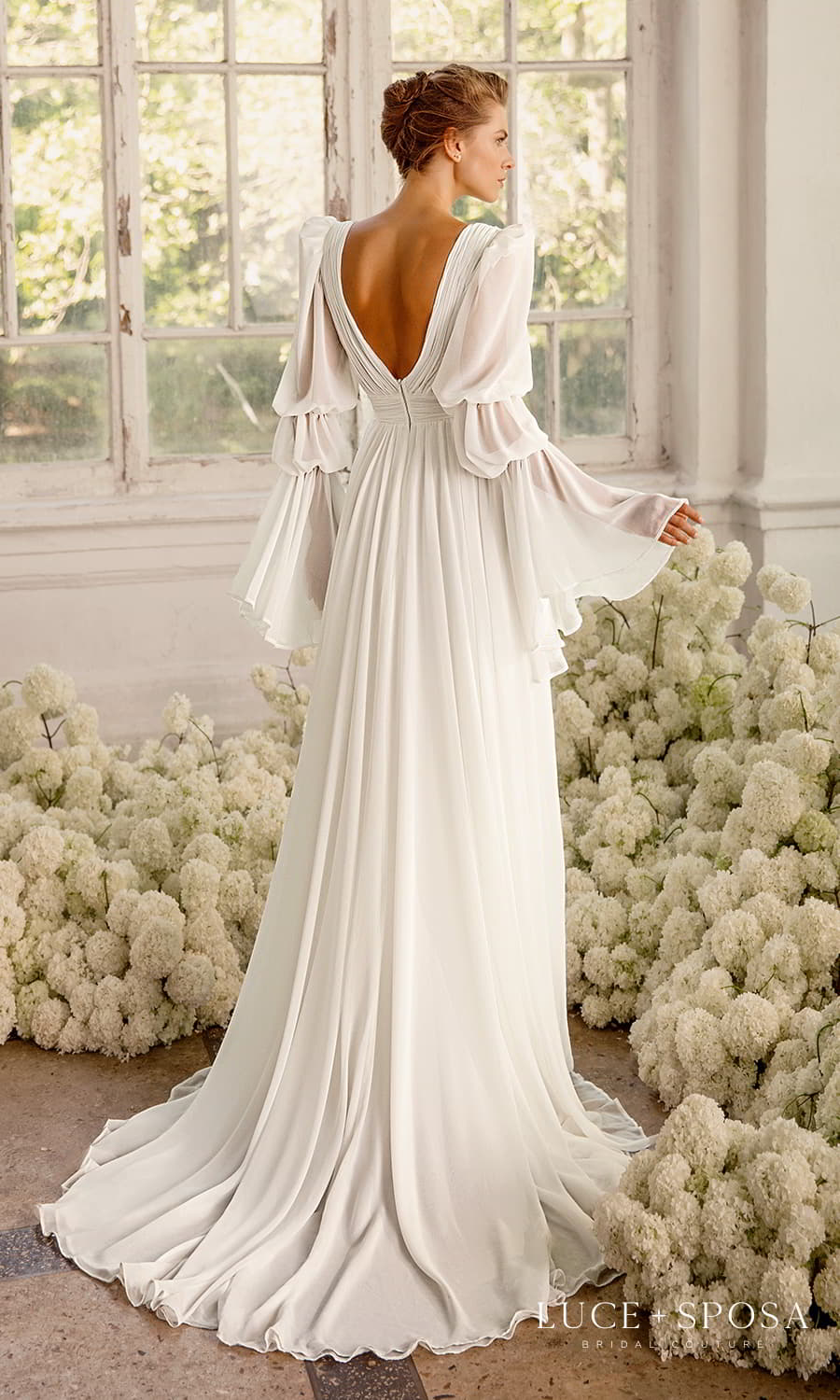 luce sposa 2022 symphony flowers bridal long puff sleeve plunging v neckline ruched bodice clean minimalist modern a line wedding dress sweep train (loren) bv