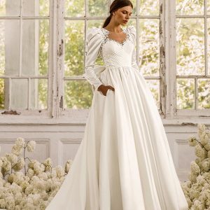 luce sposa 2022 symphony flowers bridal long puff sleeve queen anne neckline embellished pleated bodice a line ball gown wedding dress chapel train (rosalee) mv