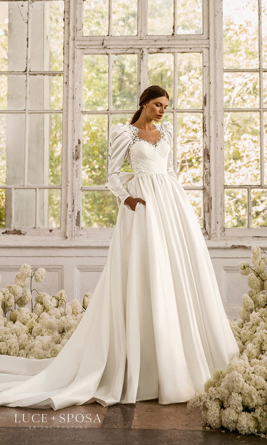 luce sposa 2022 symphony flowers bridal long puff sleeve queen anne neckline embellished pleated bodice a line ball gown wedding dress chapel train (rosalee) mv