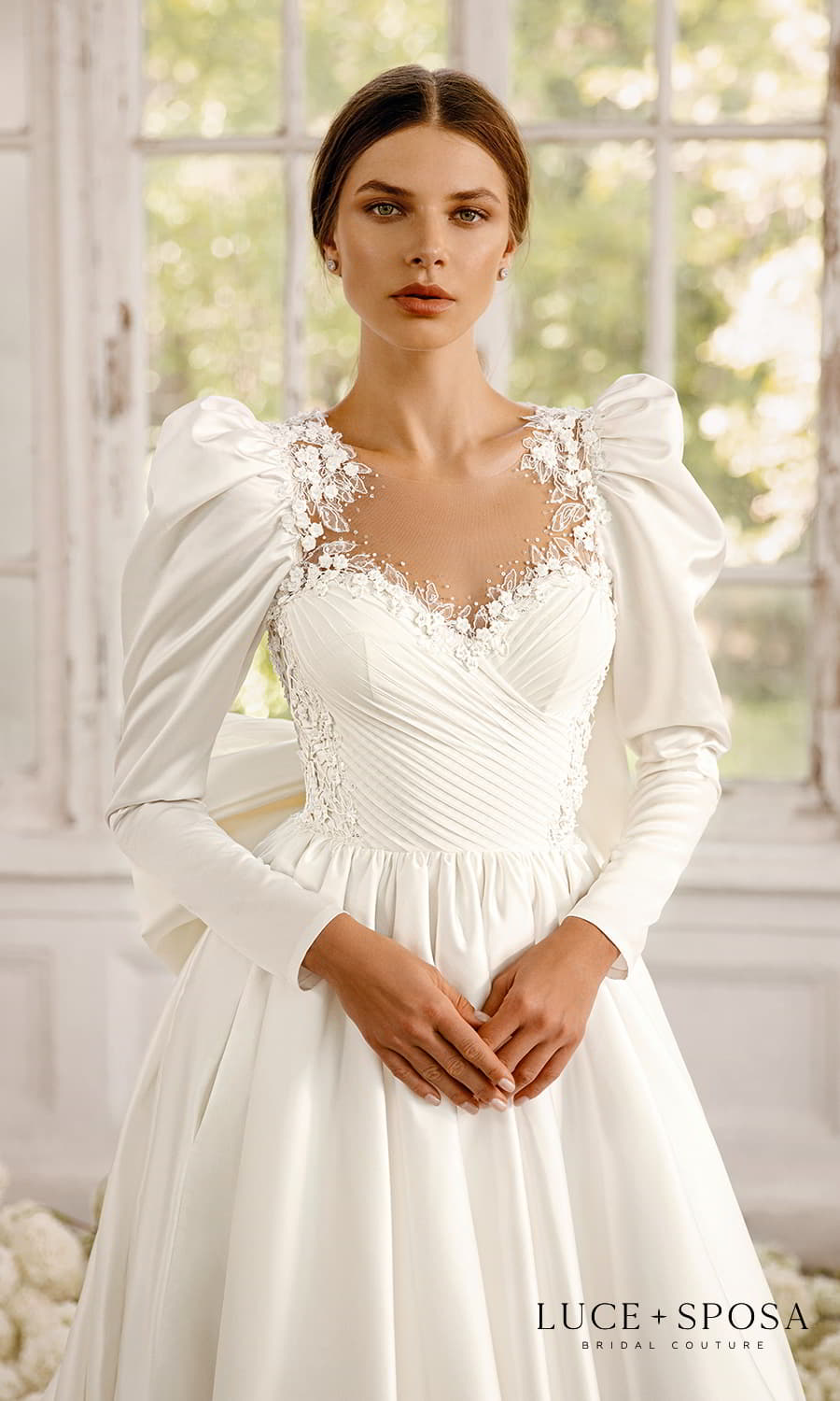 luce sposa 2022 symphony flowers bridal long puff sleeve queen anne neckline embellished pleated bodice a line ball gown wedding dress chapel train (rosalee) zv