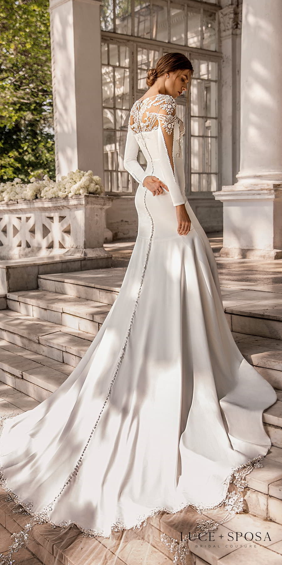 luce sposa 2022 symphony flowers bridal long sleeve illusion jewel neck sweetheart neckline heavily embellished bodice clean skirt sheath wedding dress chapel train (devotion) bv