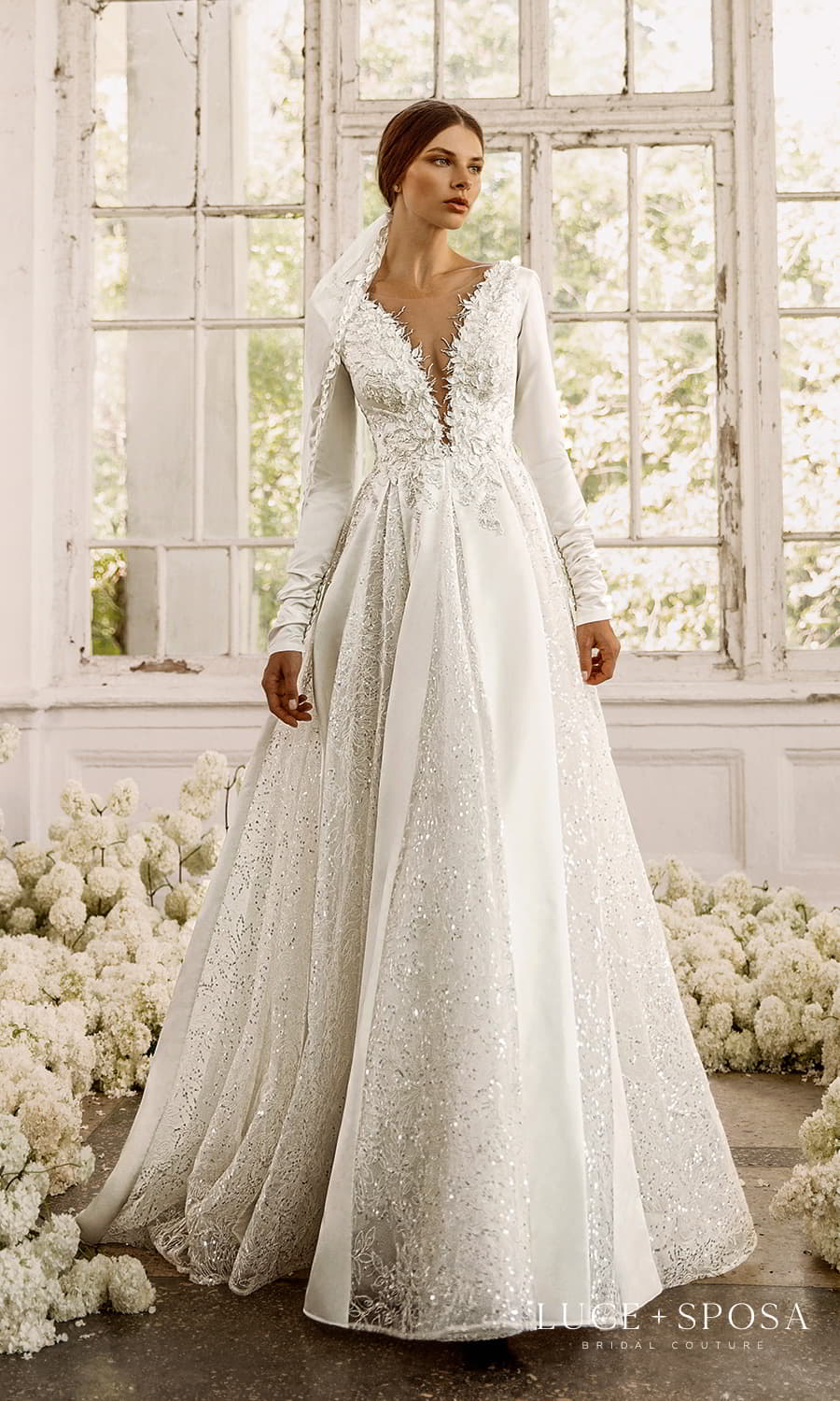 luce sposa 2022 symphony flowers bridal long sleeve plunging v neckline embellished bodice modern a line ball gown wedding dress chapel train (shiny) mv