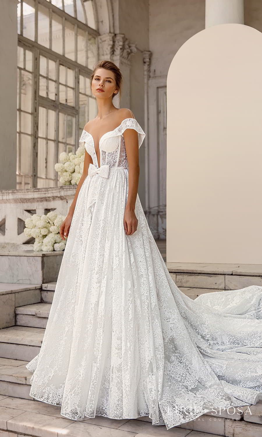 luce sposa 2022 symphony flowers bridal off shoulder flutter sleeve plunging v neckline embellished a line ball gown wedding dress chapel train (honesty) mv