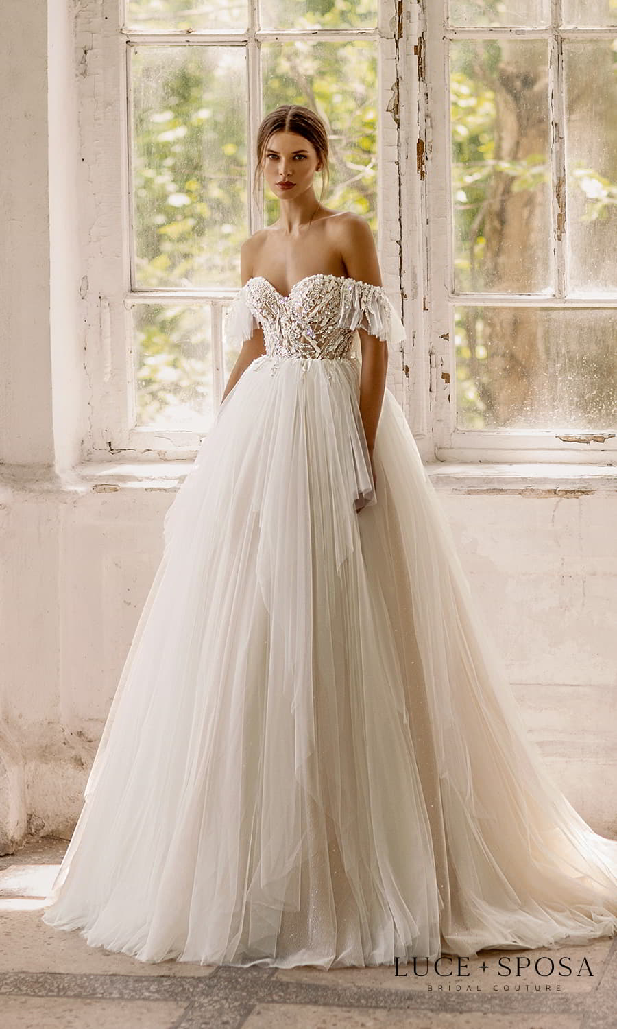 luce sposa 2022 symphony flowers bridal off shoulder flutter sleeve sweetheart neckline embellished bodice clean skirt a line ball gown wedding dress chapel train (sabrina) mv