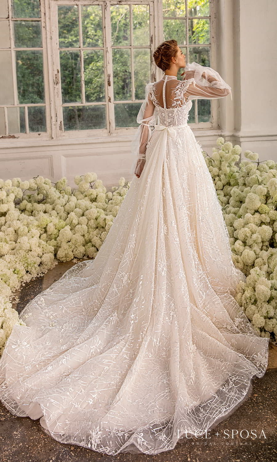 luce sposa 2022 symphony flowers bridal sheer long bishop sleeve illusion high sweetheart neckline embellished a line ball gown wedding dress chapel train (powder) bv