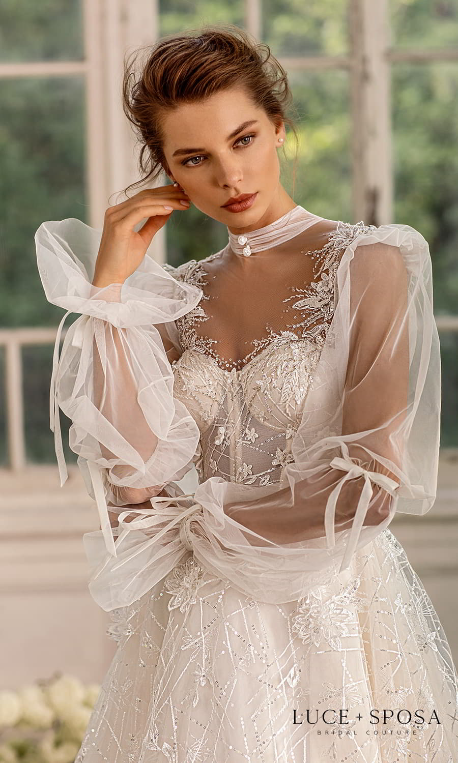 luce sposa 2022 symphony flowers bridal sheer long bishop sleeve illusion high sweetheart neckline embellished a line ball gown wedding dress chapel train (powder) zv