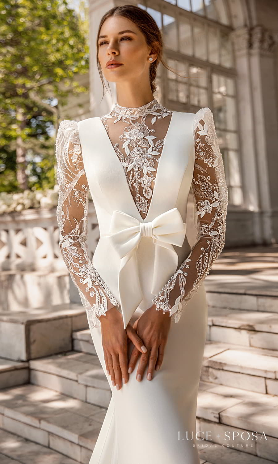 luce sposa 2022 symphony flowers bridal sheer long puff sleeve illusion high neck plunging v neckline clean modern sheath wedding dress chapel train (gracie) zv