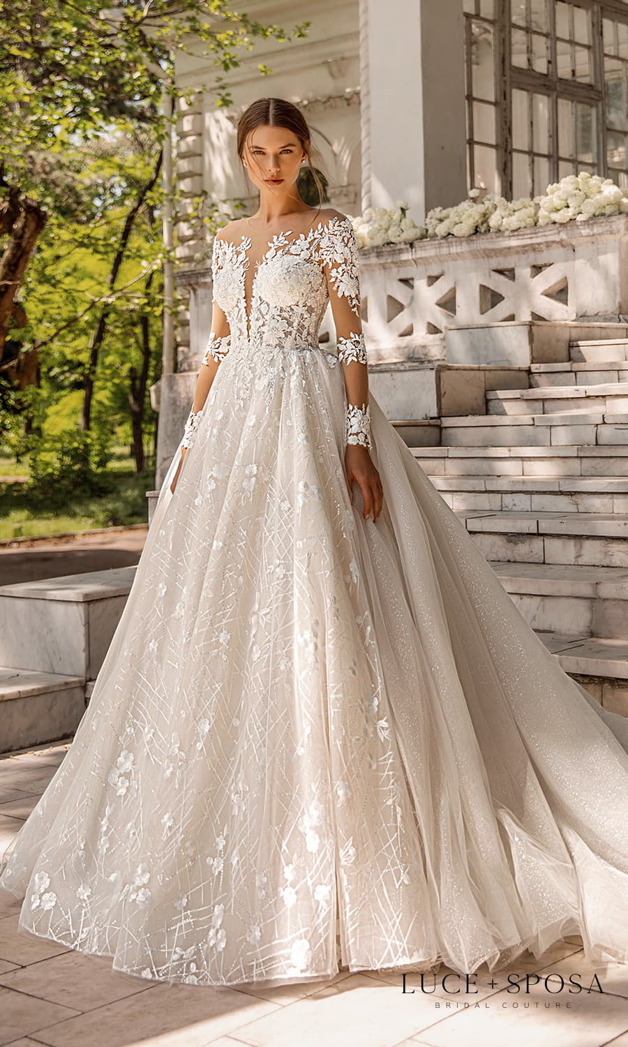 luce sposa 2022 symphony flowers bridal sheer long sleeve illusion jewel plunging sweetheart neckline fully embellished lace a line ball gown wedding dress chapel train (chantilly 1) mv