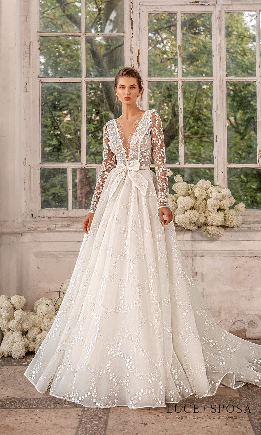 luce sposa 2022 symphony flowers bridal sheer long sleeve v neckline fully embellished a line ball gown wedding dress chapel train (clover) mv