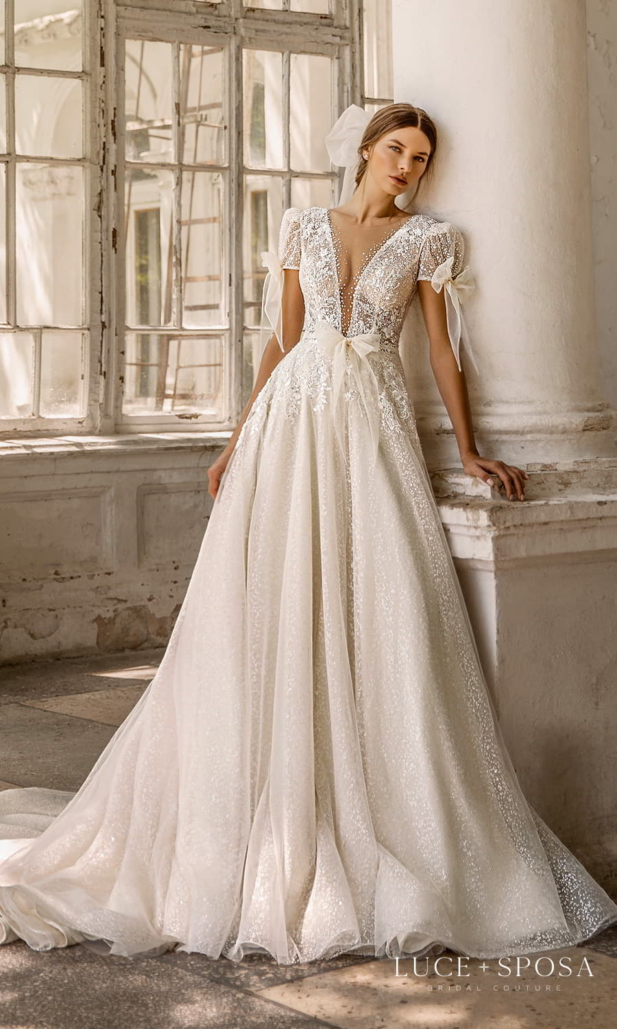 luce sposa 2022 symphony flowers bridal off shoulder straps embellished straight across neckline clean minimalist fit flare mermaid wedding dress chapel train (allure) mv