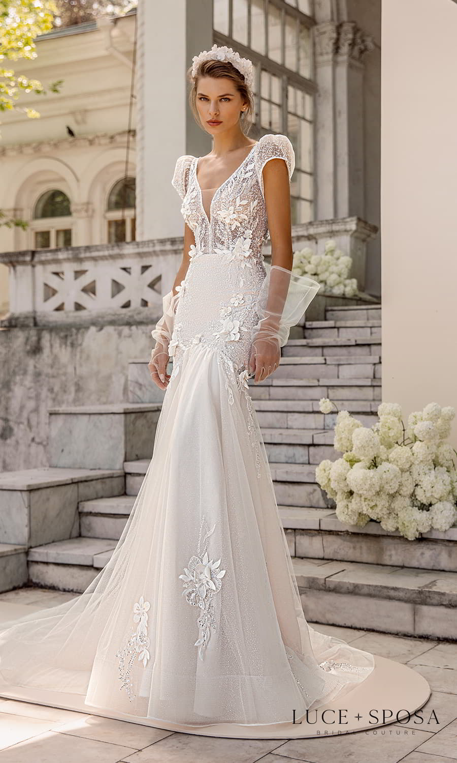 luce sposa 2022 symphony flowers bridal short puff sleeve v neckline fully embellished fit flare mermaid wedding dress chapel train (mimosa) mv