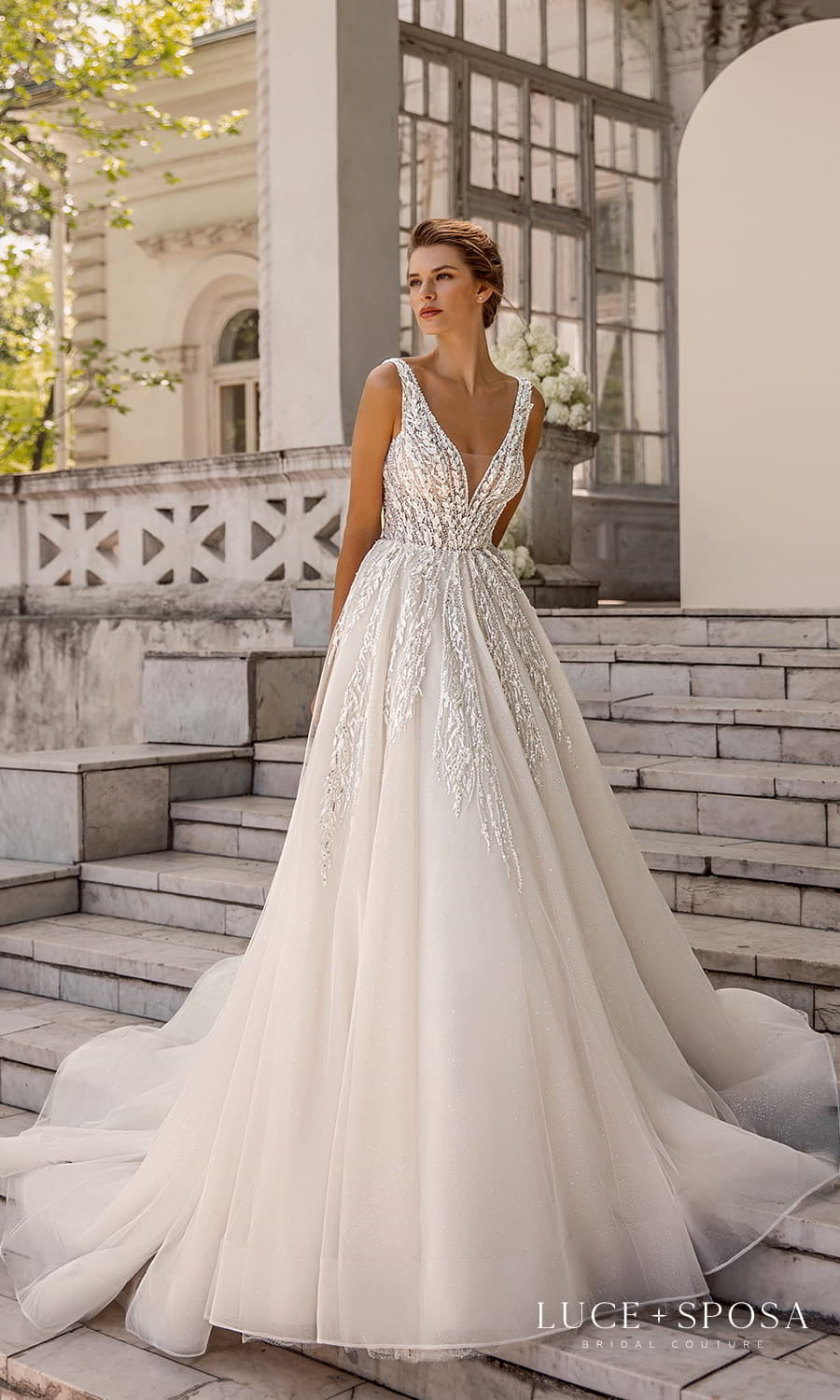 luce sposa 2022 symphony flowers bridal sleeveless straps plunging v neckline fully embellished a line ball gown wedding dress chapel train (magic 1) mv