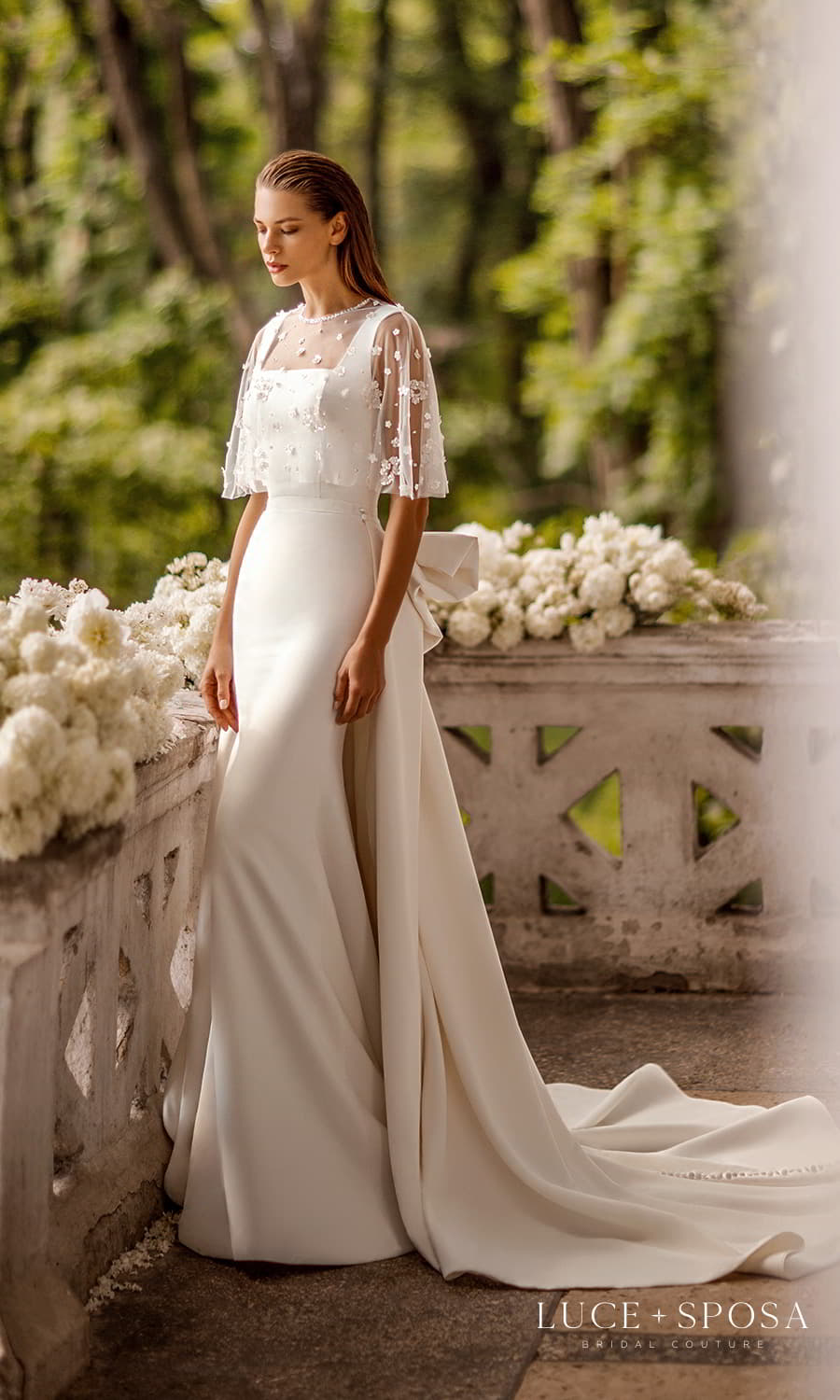 luce sposa 2022 symphony flowers bridal off shoulder straps embellished straight across neckline clean minimalist fit flare mermaid wedding dress chapel train (allure) mv