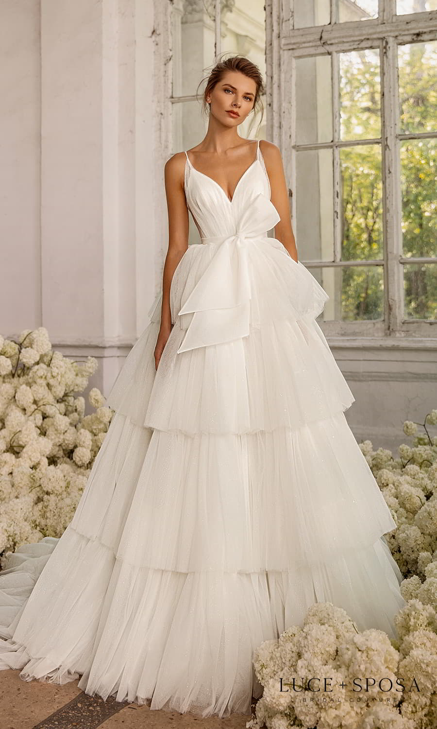luce sposa 2022 symphony flowers bridal sleeveless thin straps v neckline ruched bodice tiered skirt a line ball gown wedding dress chapel train (aster 1) mv