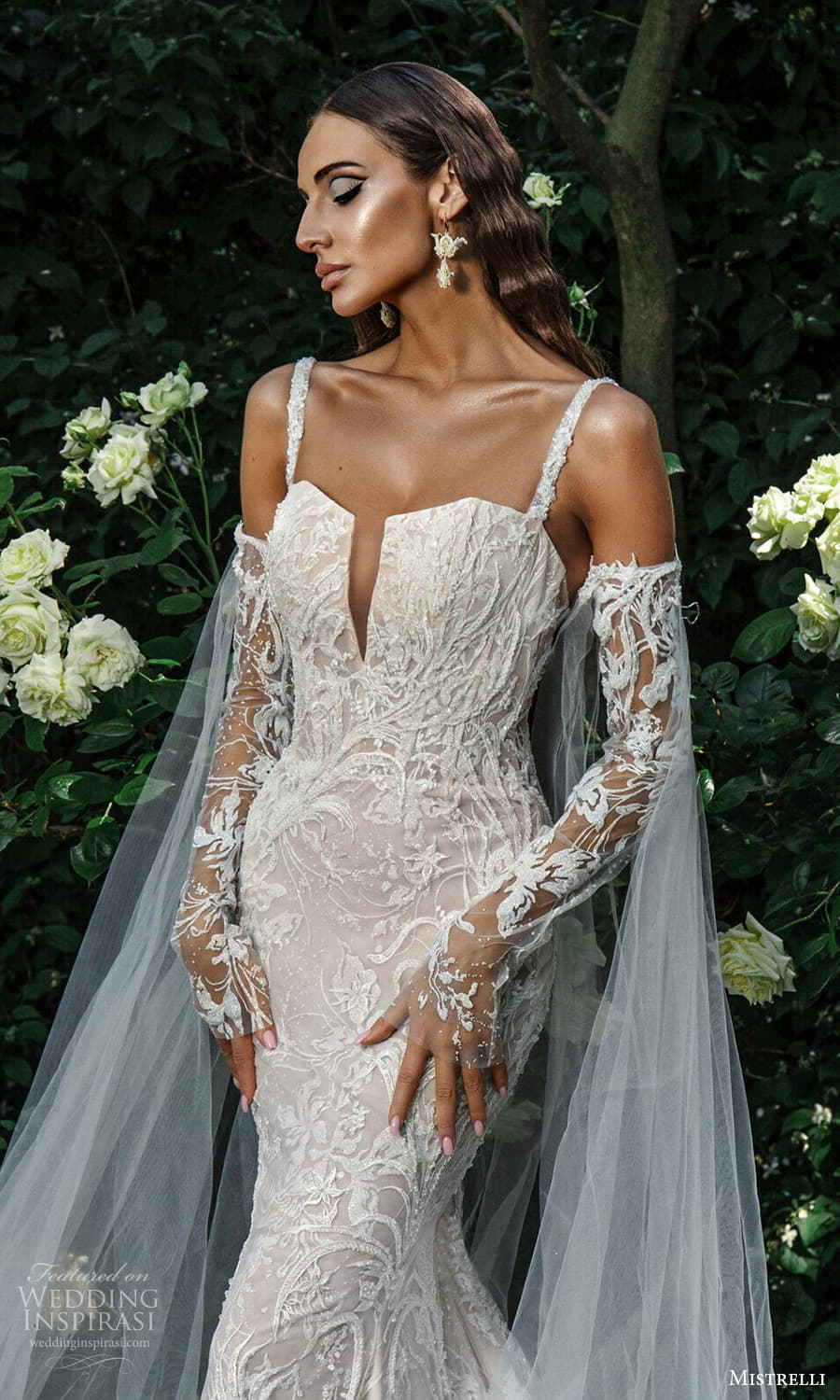 mistrelli 2022 misteriosa bridal detached long sheer sleeves sleeveless straps sweetheart neckline fully embellished sheath wedding dress chapel train (15) zv