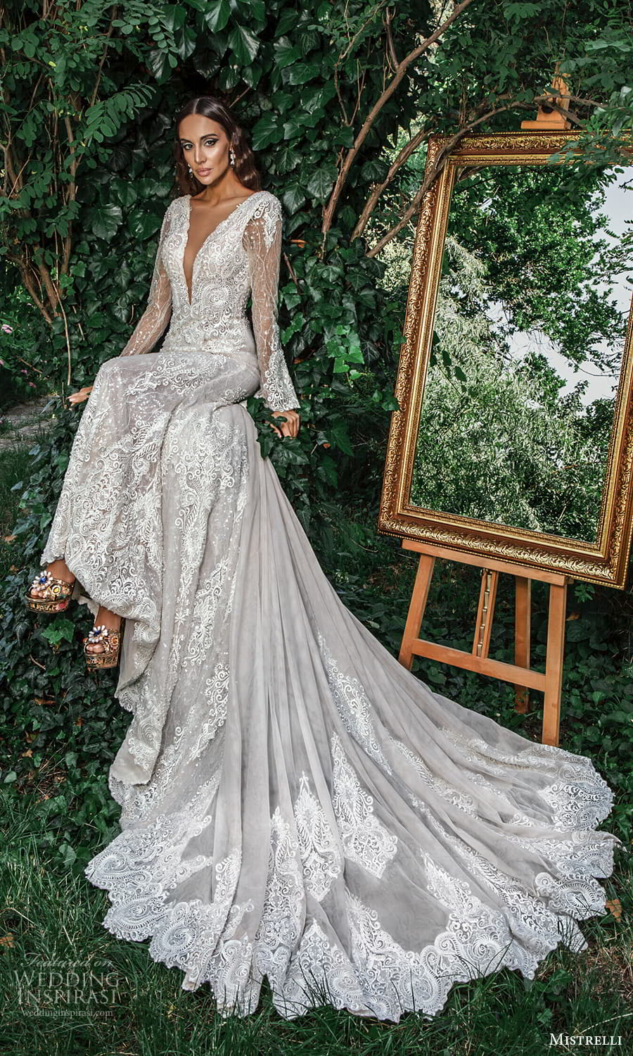 mistrelli 2022 misteriosa bridal long flare sleeve plunging v neckline fully embellished lace boho a line wedding dress chapel train (3) mv mistrelli 2022 misteriosa bridal long flare sleeve plunging v neckline fully embellished lace boho a line wedding dress chapel train (3) mv