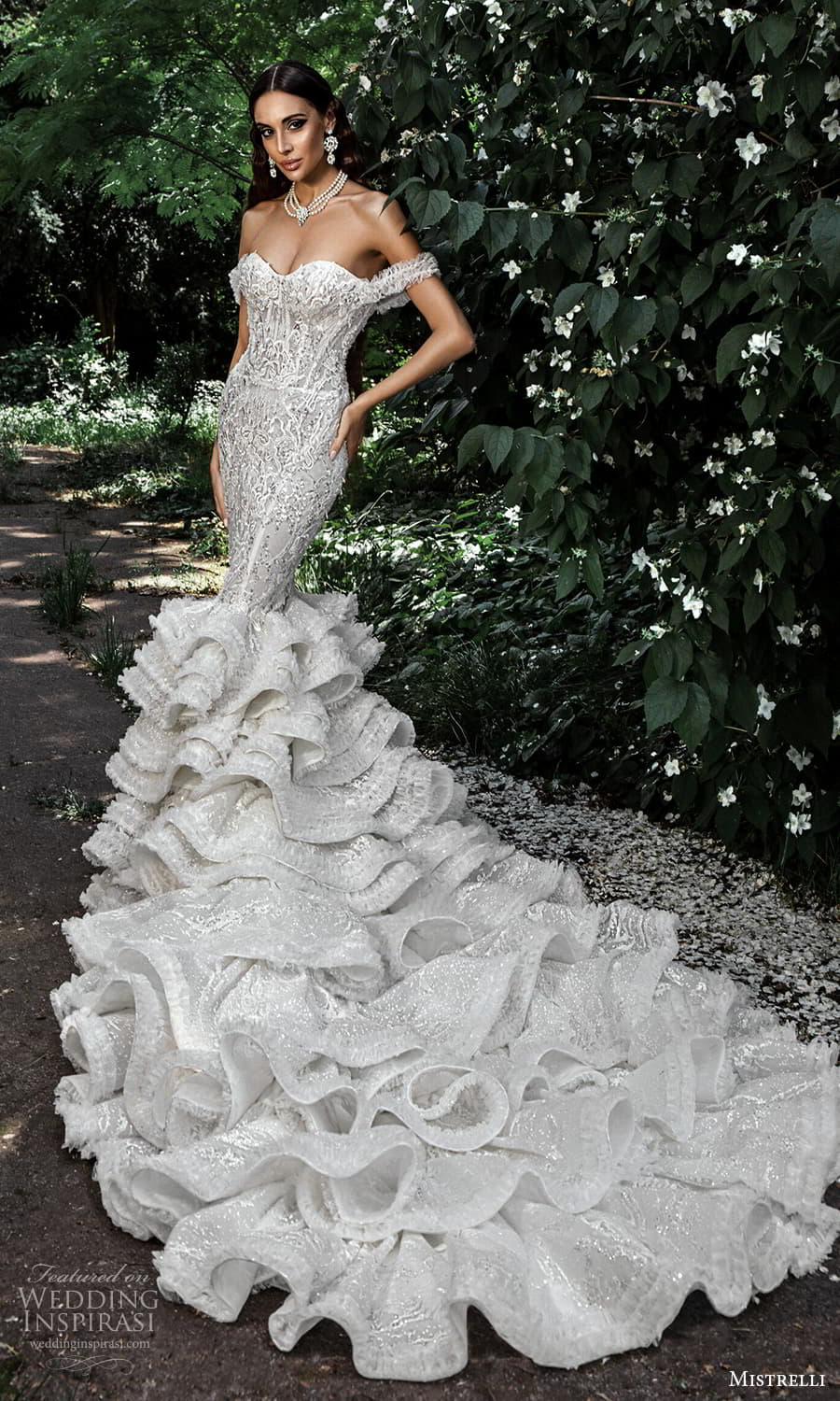 mistrelli 2022 misteriosa bridal off shoulder straps sweetheart neckline fully embellished mermaid wedding dress ruffle skirt chapel train (9) mv mistrelli 2022 misteriosa bridal off shoulder straps sweetheart neckline fully embellished mermaid wedding dress ruffle skirt chapel train (9) mv