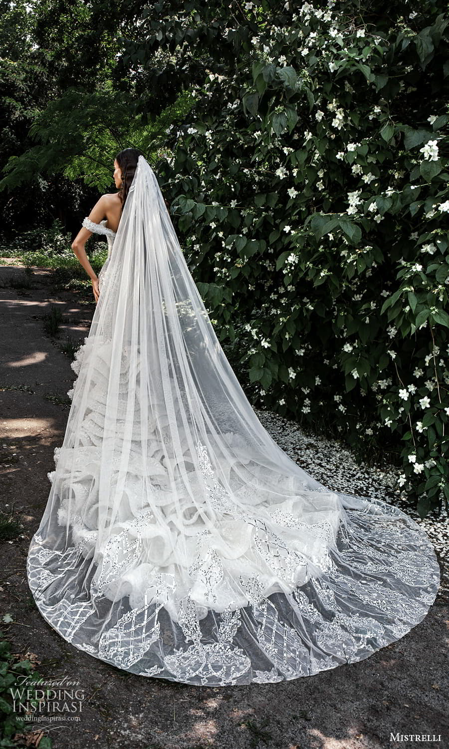 mistrelli 2022 misteriosa bridal off shoulder straps sweetheart neckline fully embellished mermaid wedding dress ruffle skirt chapel train veil (9) bv