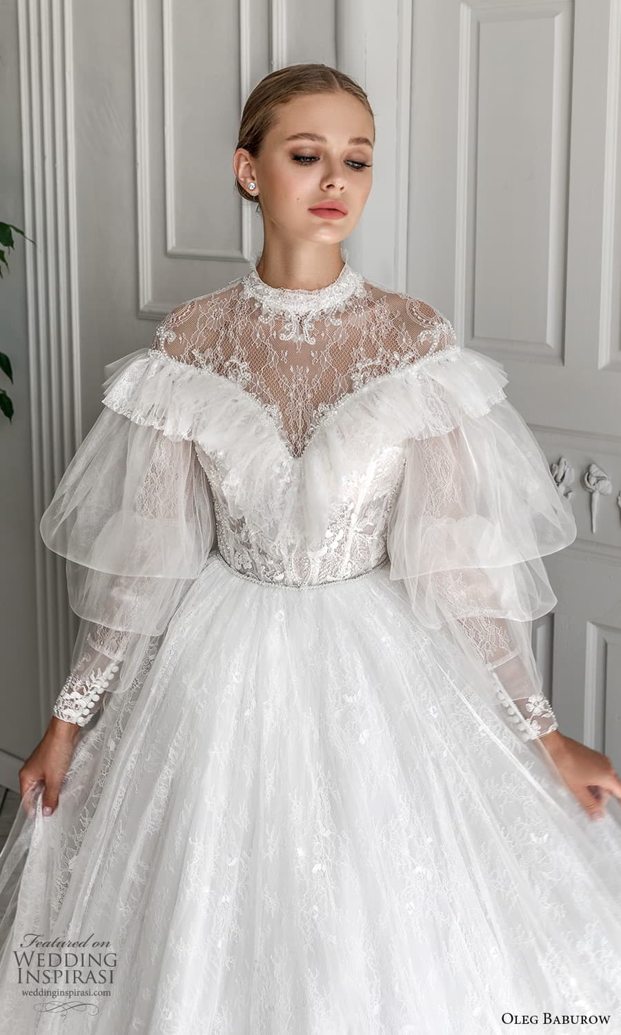 oleg baburow 2022 bridal balloon ruffle sleeves high neckline embellished lace bodice a line ball gown wedding dress chapel train (5) zv