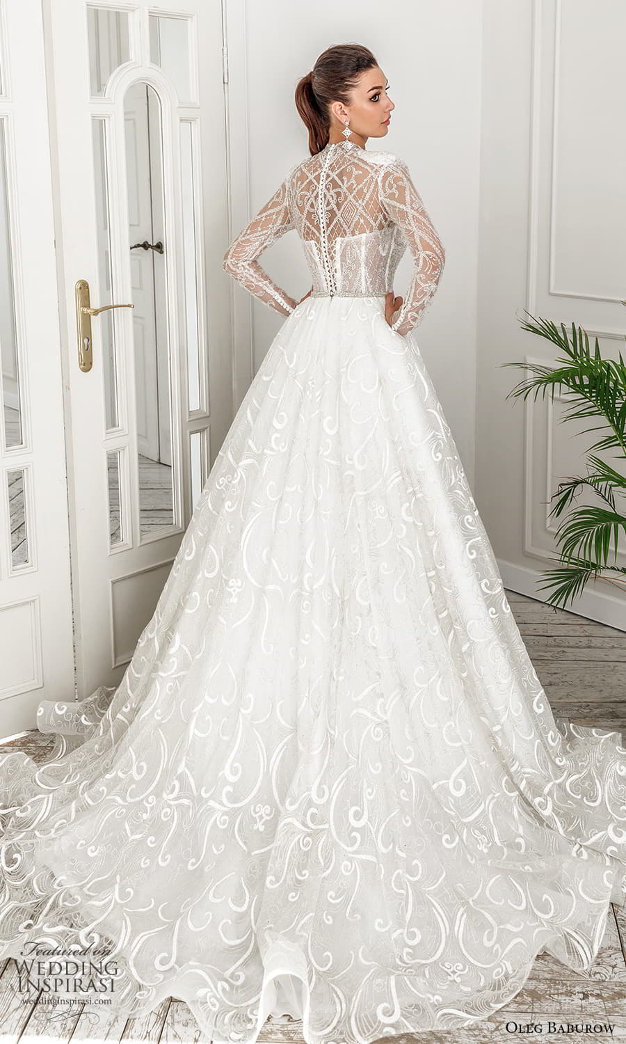 oleg baburow 2022 bridal sheer long puff sleeve illusion high neckline sweetheart neckline heavily embellished bodice a line ball gown wedding dress chapel train (1) bv