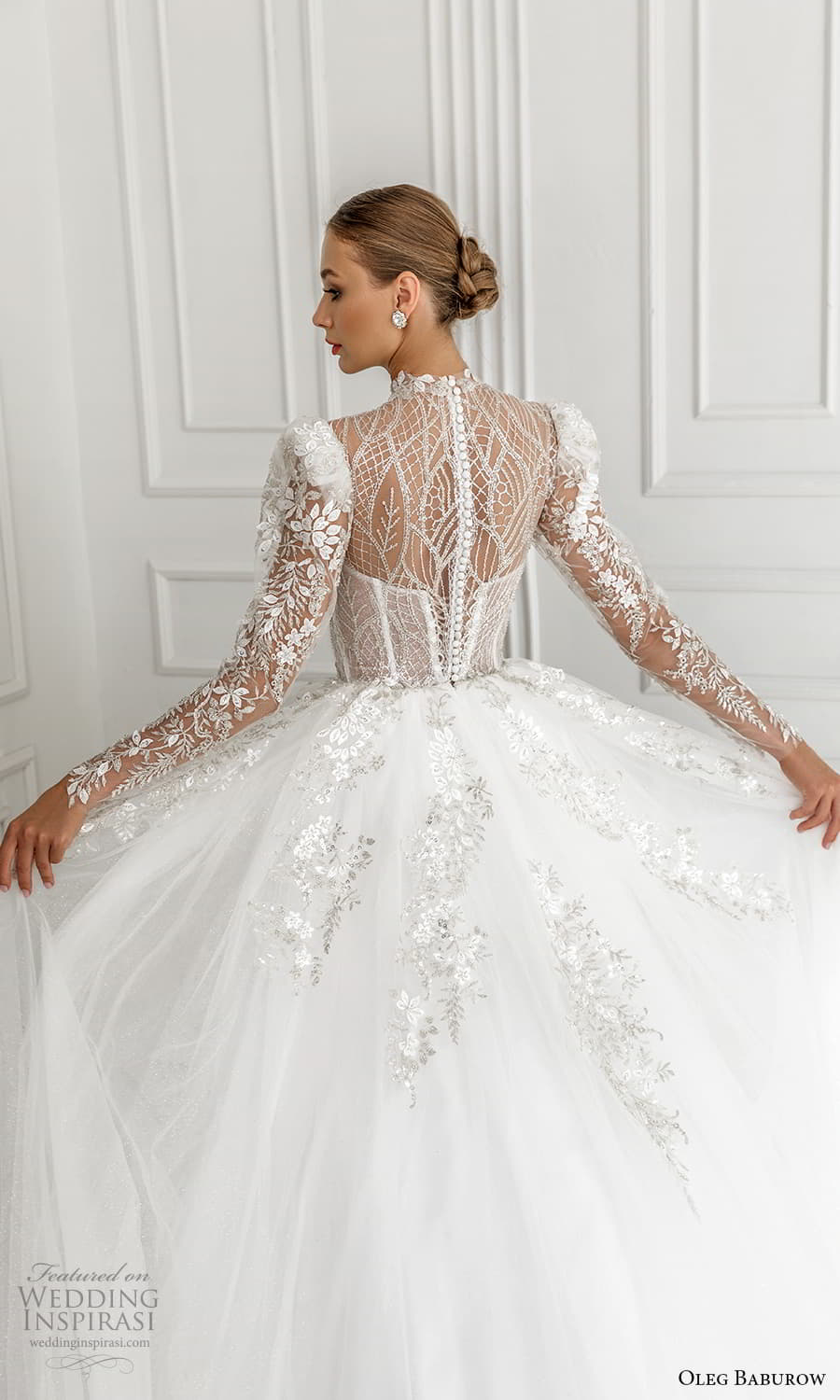 oleg baburow 2022 bridal sheer long puff sleeve illusion high neckline sweetheart neckline heavily embellished bodice a line ball gown wedding dress chapel train (1) zbv