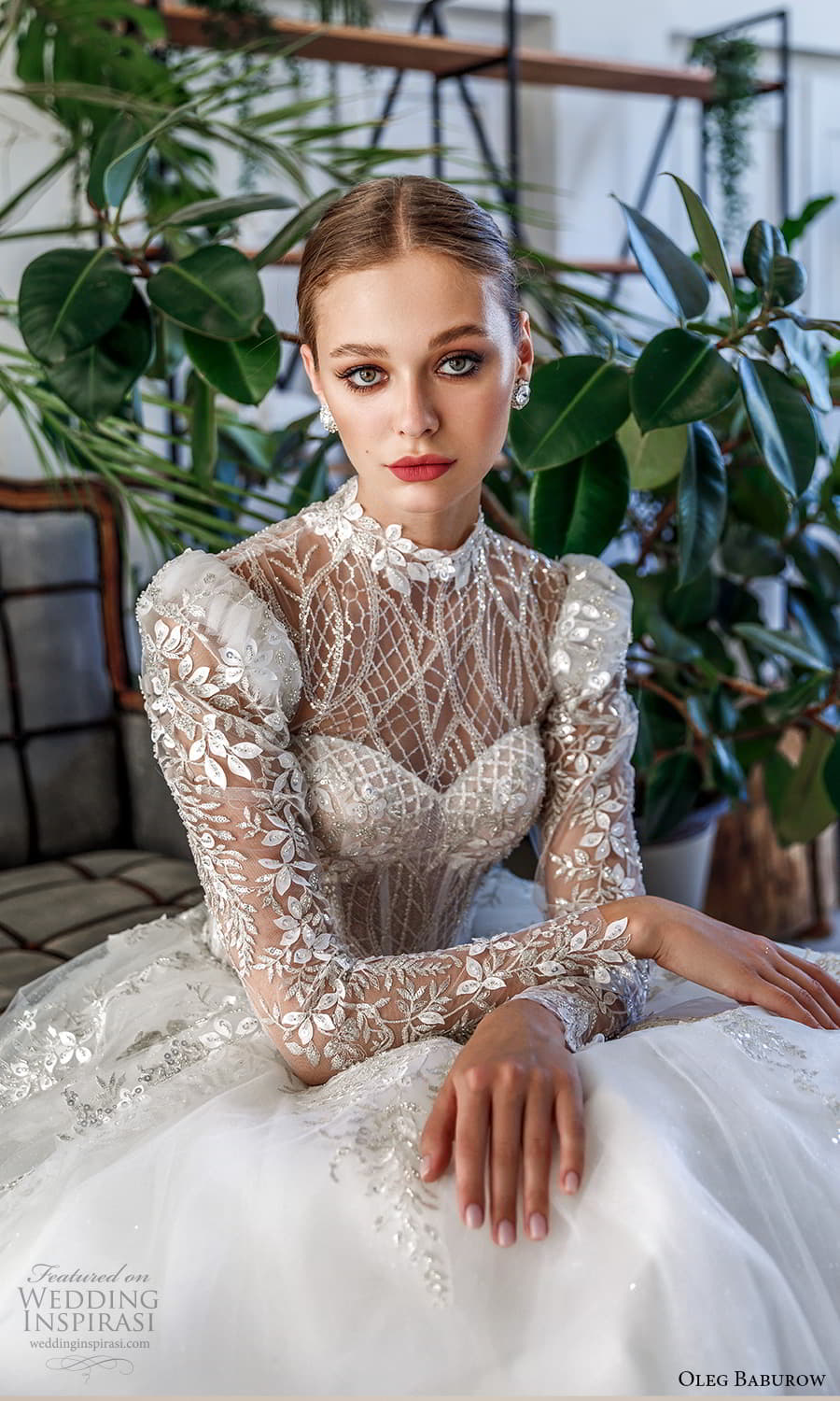 oleg baburow 2022 bridal sheer long puff sleeve illusion high neckline sweetheart neckline heavily embellished bodice a line ball gown wedding dress chapel train (1) zv 