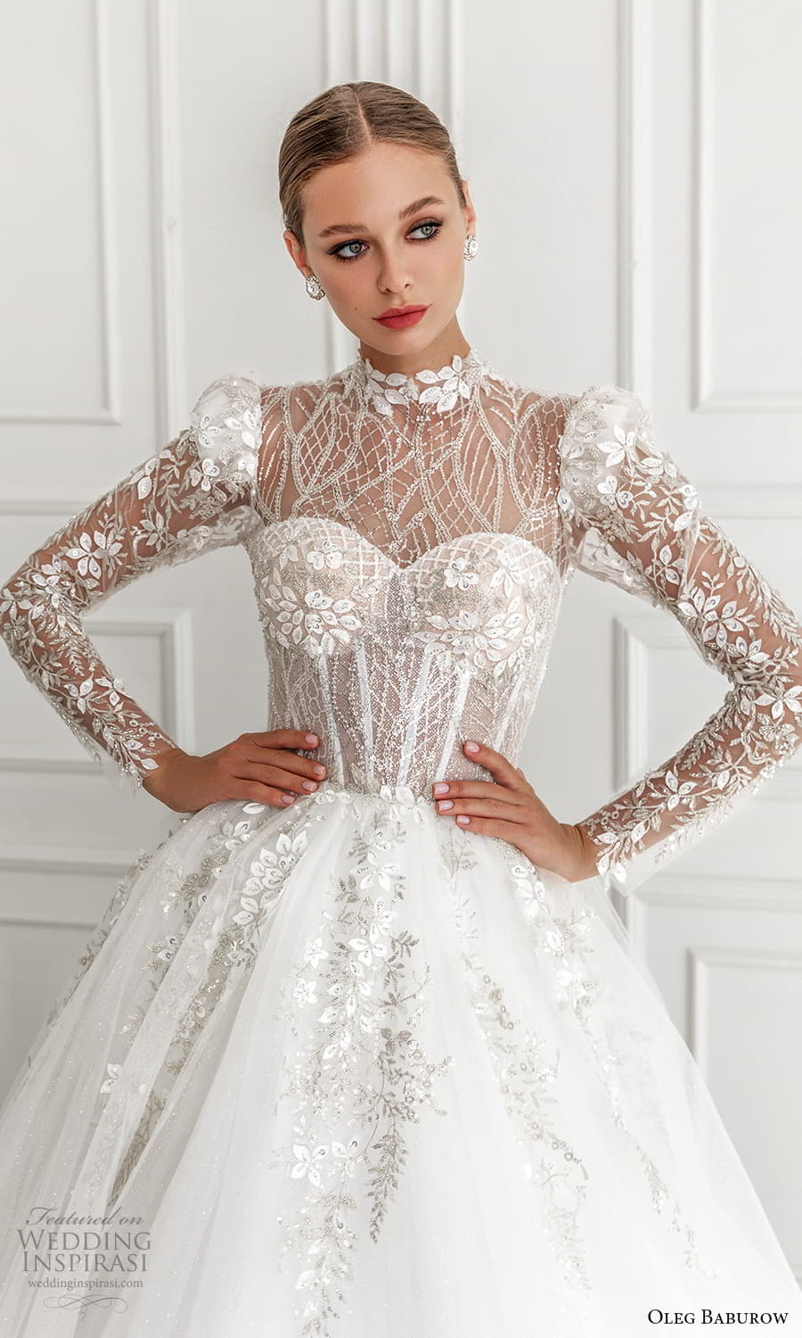 oleg baburow 2022 bridal sheer long puff sleeve illusion high neckline sweetheart neckline heavily embellished bodice a line ball gown wedding dress chapel train (1) zv