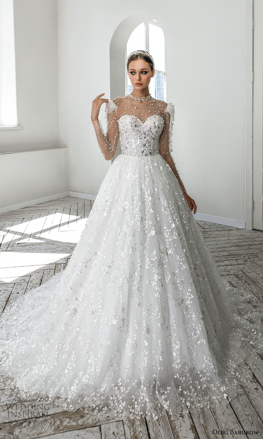 oleg baburow 2022 bridal sheer long puff sleeve illusion high neckline sweetheart neckline heavily embellished bodice a line ball gown wedding dress chapel train (2) mv