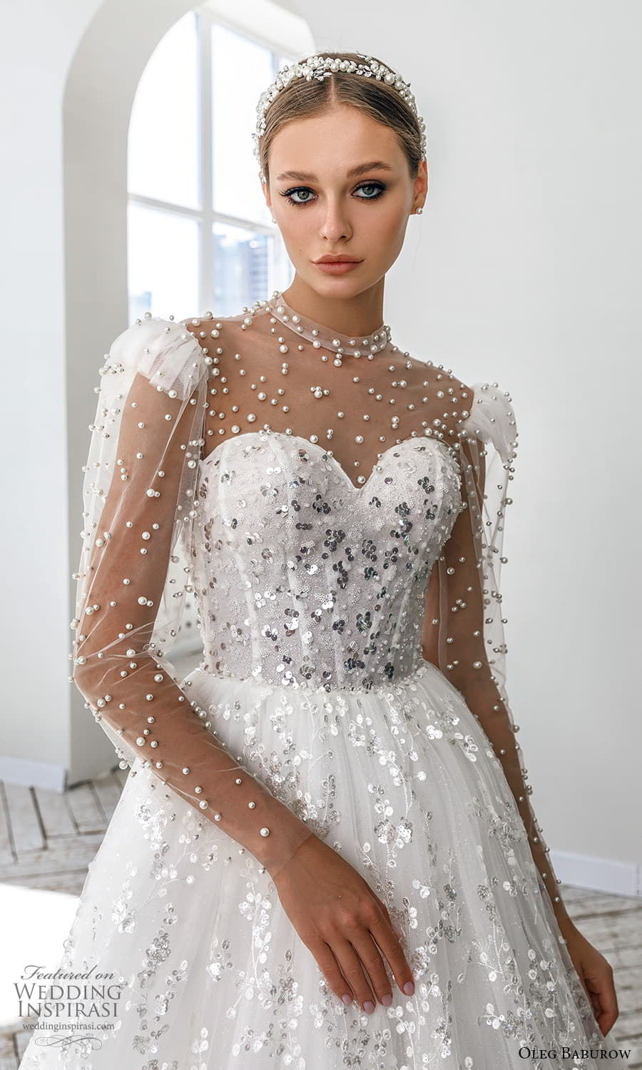 oleg baburow 2022 bridal sheer long puff sleeve illusion high neckline sweetheart neckline heavily embellished bodice a line ball gown wedding dress chapel train (2) zv