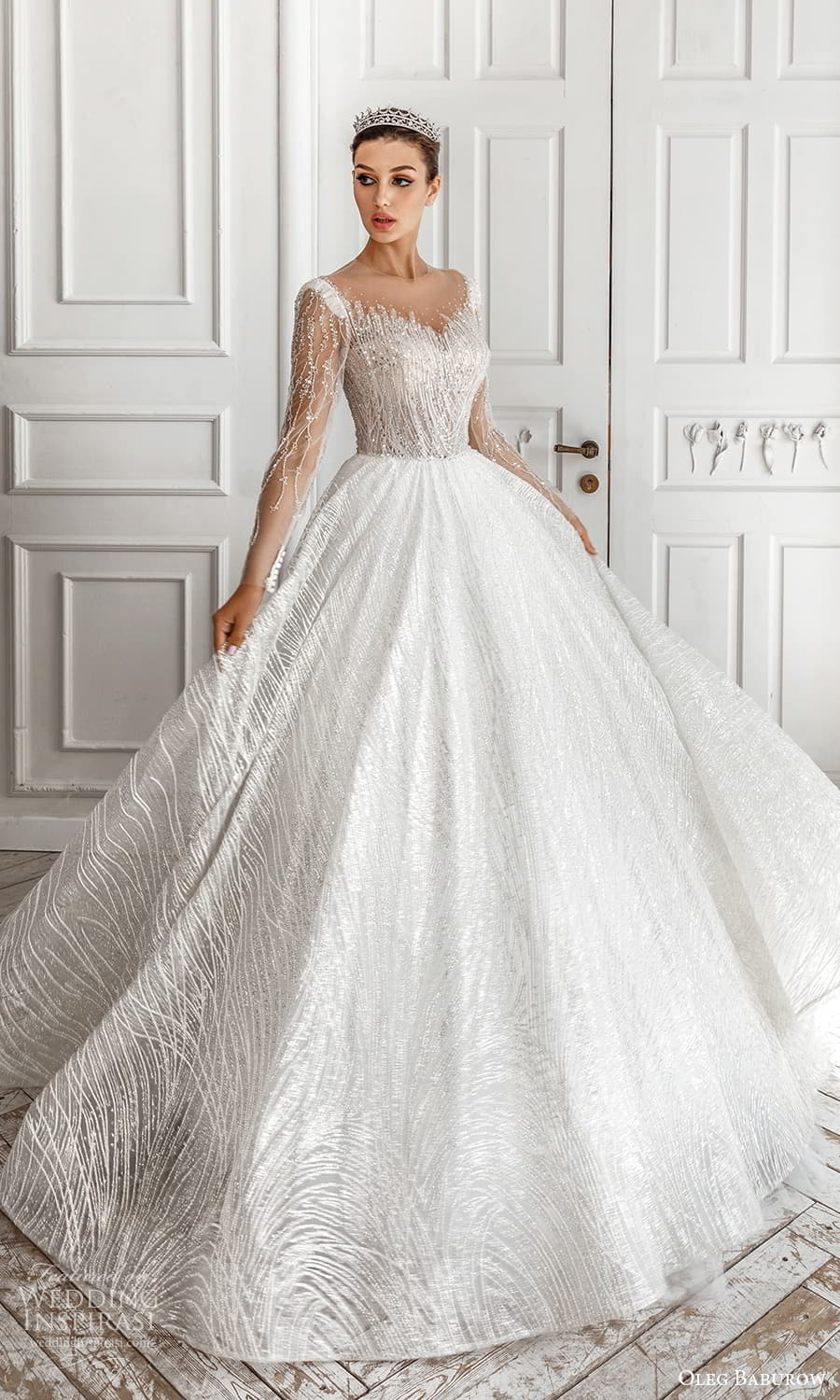 oleg baburow 2022 bridal sheer long sleeve illusion jewel neck sweetheart neckline fully embellished a line ball gown wedding dress chapel train (3) mv