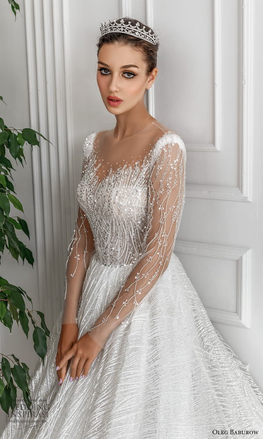 oleg baburow 2022 bridal sheer long sleeve illusion jewel neck sweetheart neckline fully embellished a line ball gown wedding dress chapel train (3) zv