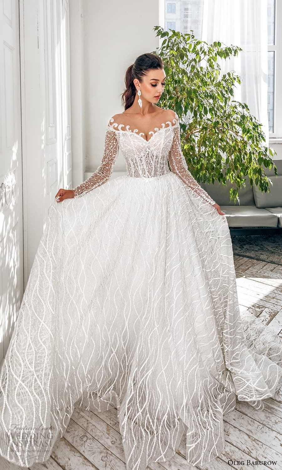 oleg baburow 2022 bridal sheer long sleeve off shoulder sweetheart neckline fully embellished a line ball gown wedding dress chapel train (7) mv