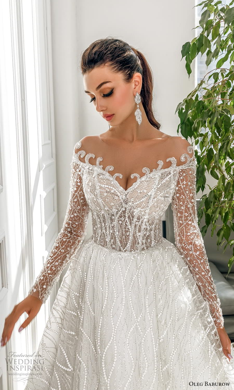 oleg baburow 2022 bridal sheer long sleeve off shoulder sweetheart neckline fully embellished a line ball gown wedding dress chapel train (7) zv