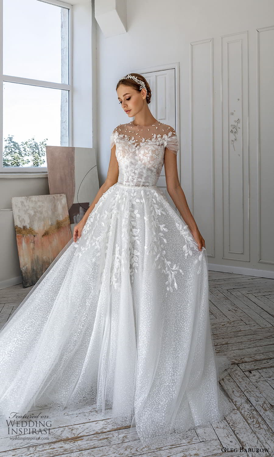 oleg baburow 2022 bridal short sleeve sheer jewel neck sweetheart neckline fully embellished a line ball gown wedding dress chapel train (4) mv