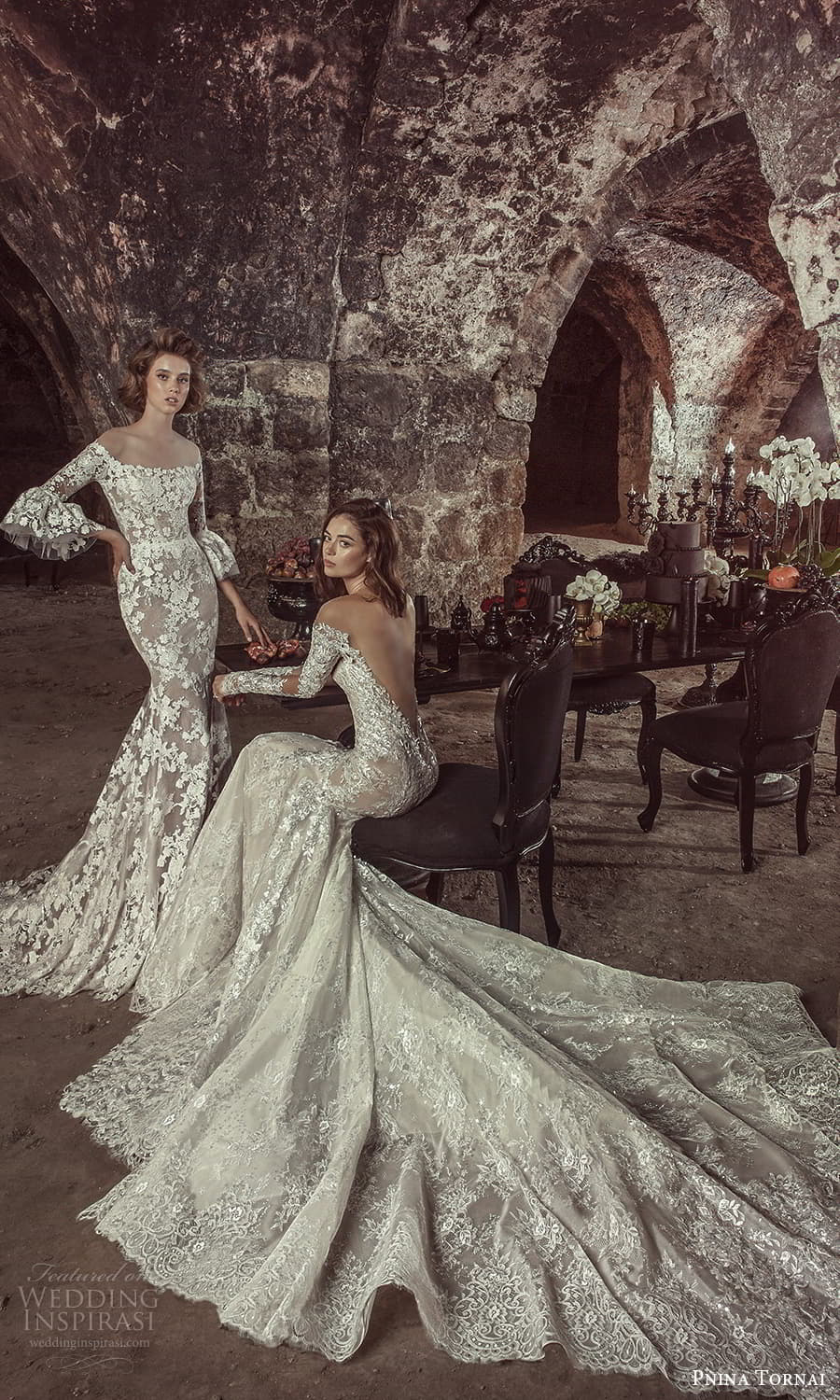 pnina tornai 2021 bridal 3 quarter flare sleeve off shoulder neckline fully embellished lace sheath wedding dress a line overskirt chapel train (13) fv pnina tornai 2021 bridal 3 quarter flare sleeve off shoulder neckline fully embellished lace sheath wedding dress a line overskirt chapel train (13) fv