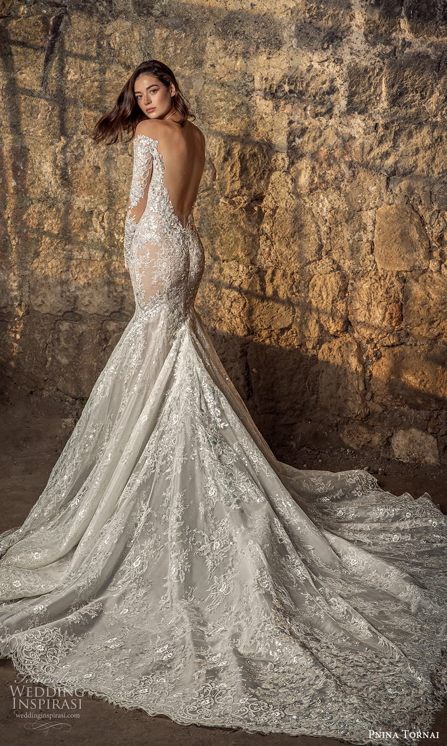pnina tornai 2021 bridal sheer long sleeve off shoulder sweetheart neckline fully embellished lace fit flare mermaid wedding dress chapel train (20) bv