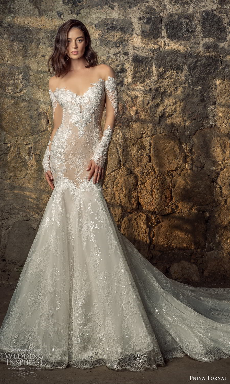 pnina tornai 2021 bridal sheer long sleeve off shoulder sweetheart neckline fully embellished lace fit flare mermaid wedding dress chapel train (20) mv
