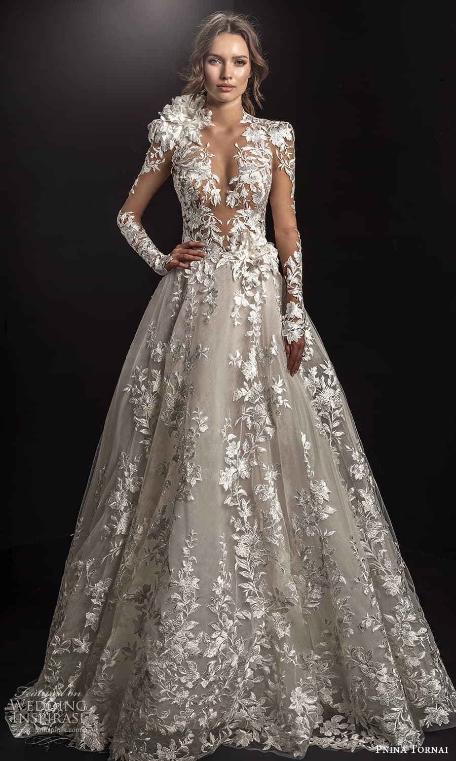 pnina tornai 2021 bridal sheer long sleeve plunging v neckline fully embellished lace a line ball gown wedding dress chapel train (3) mv