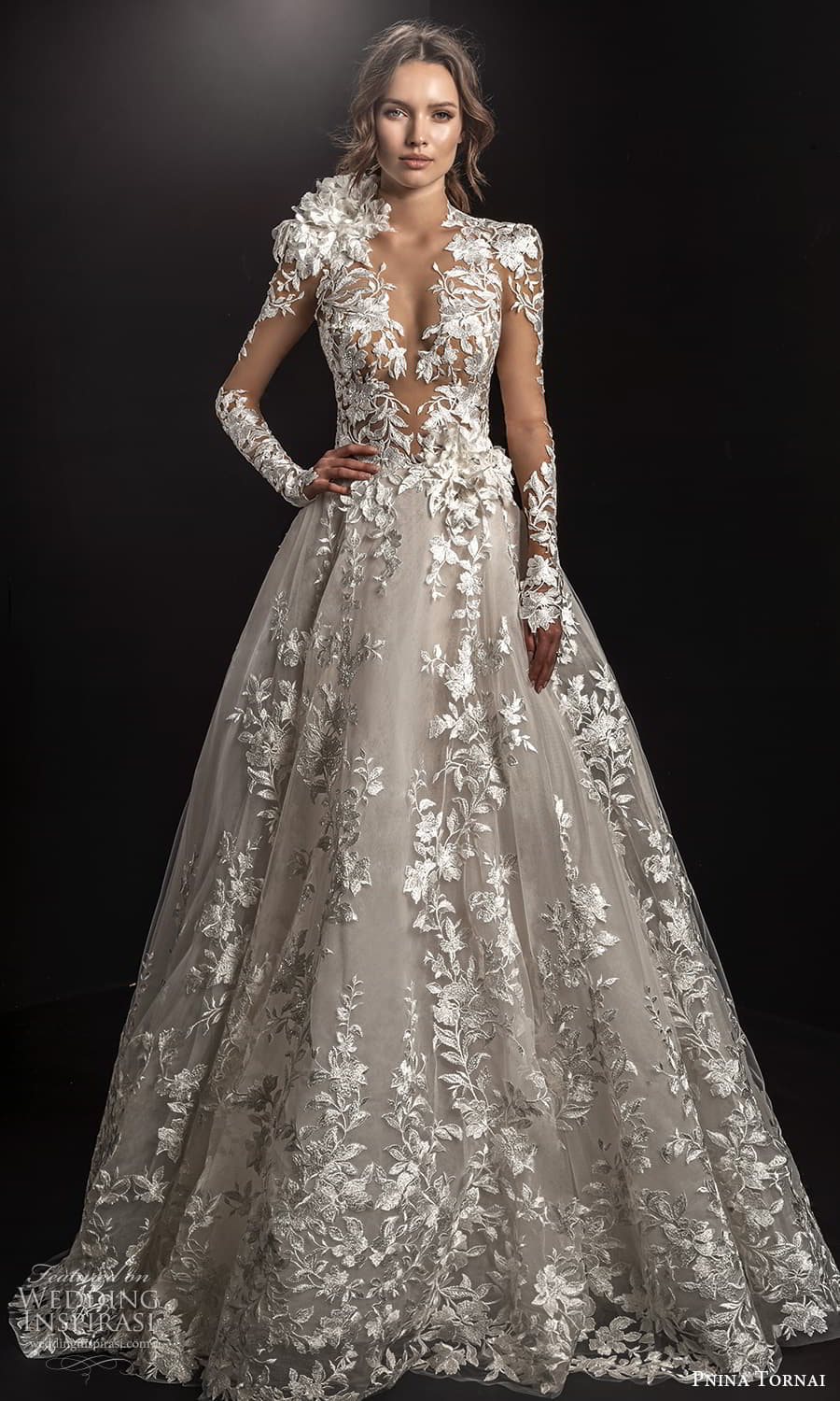 pnina tornai 2021 bridal sheer long sleeve plunging v neckline fully embellished lace a line ball gown wedding dress chapel train (3) mv pnina tornai 2021 bridal sheer long sleeve plunging v neckline fully embellished lace a line ball gown wedding dress chapel train (3) mv