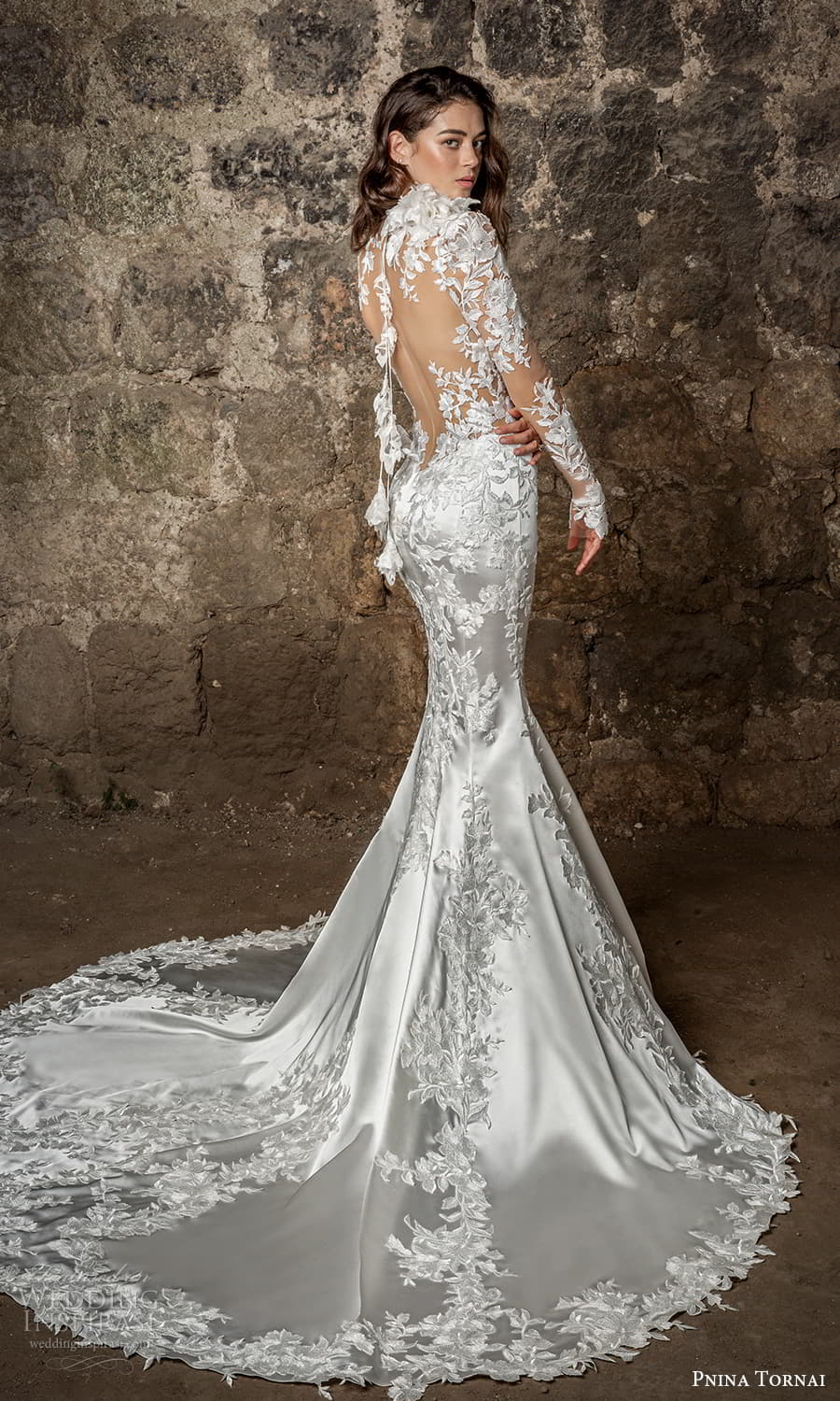 pnina tornai 2021 bridal sheer long sleeve plunging v neckline fully embellished lace sheath wedding dress (14) bv