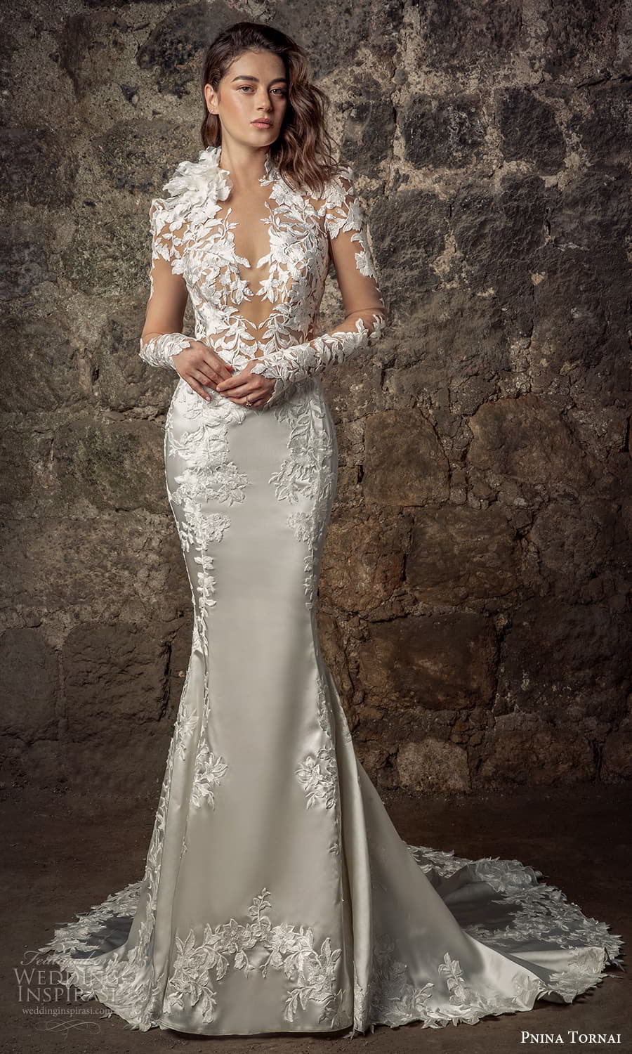 pnina tornai 2021 bridal sheer long sleeve plunging v neckline fully embellished lace sheath wedding dress (14) mv