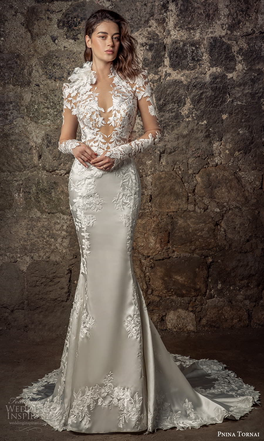 pnina tornai 2021 bridal sheer long sleeve plunging v neckline fully embellished lace sheath wedding dress (14) mv pnina tornai 2021 bridal sheer long sleeve plunging v neckline fully embellished lace sheath wedding dress (14) mv