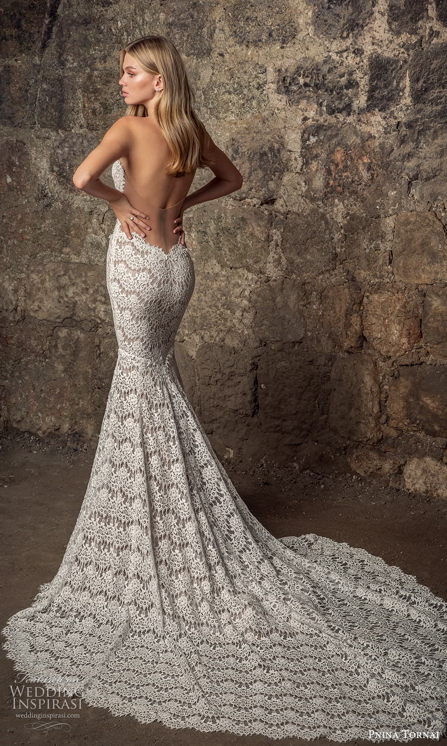 pnina tornai 2021 bridal strapless split sweetheart neckline fully embellished lace fit flare mermaid wedding dress chapel train (18) bv