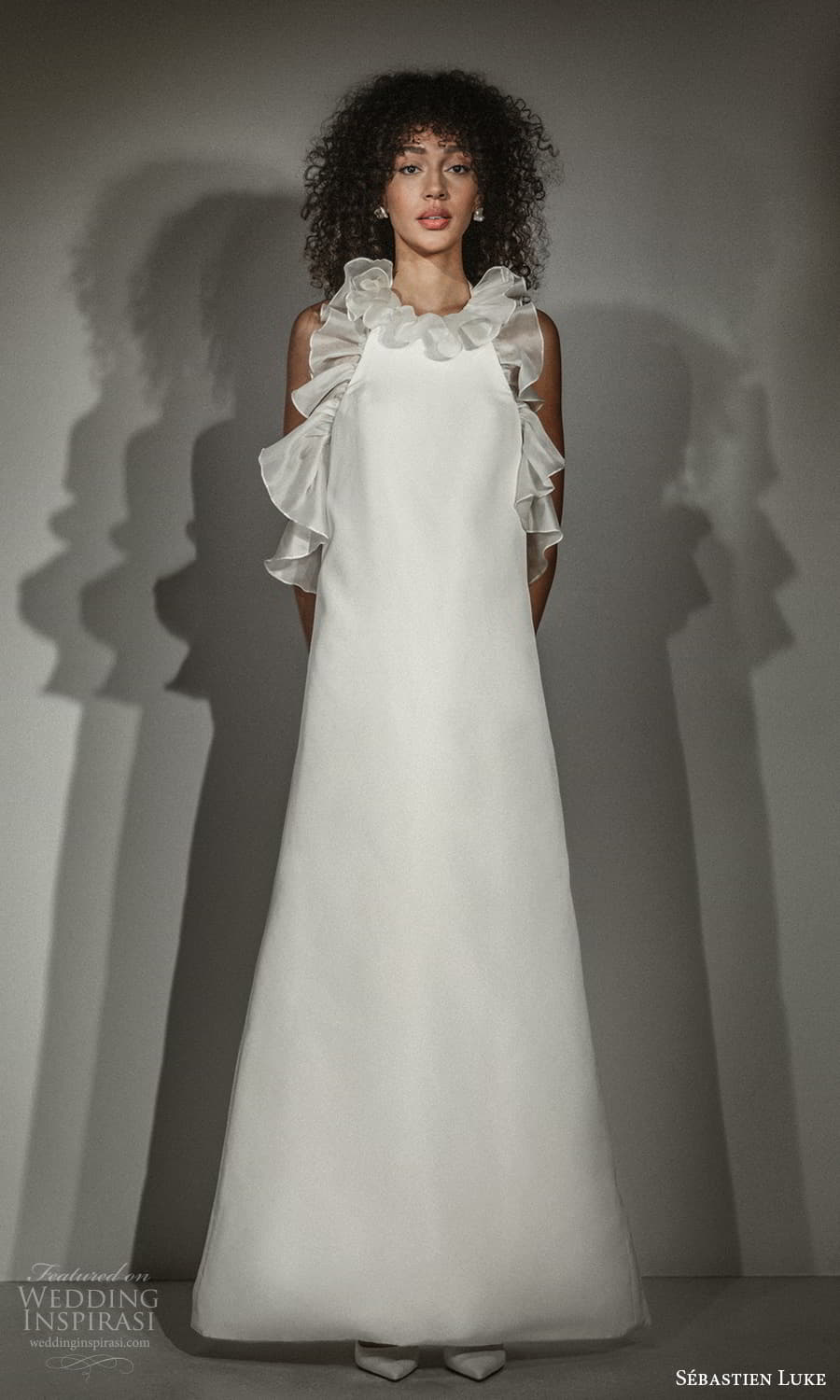 sebastien luke fall 2021 bridal sleeveless jewel neckline ruffle embellished clean minimalist tent wedding dress (8) mv