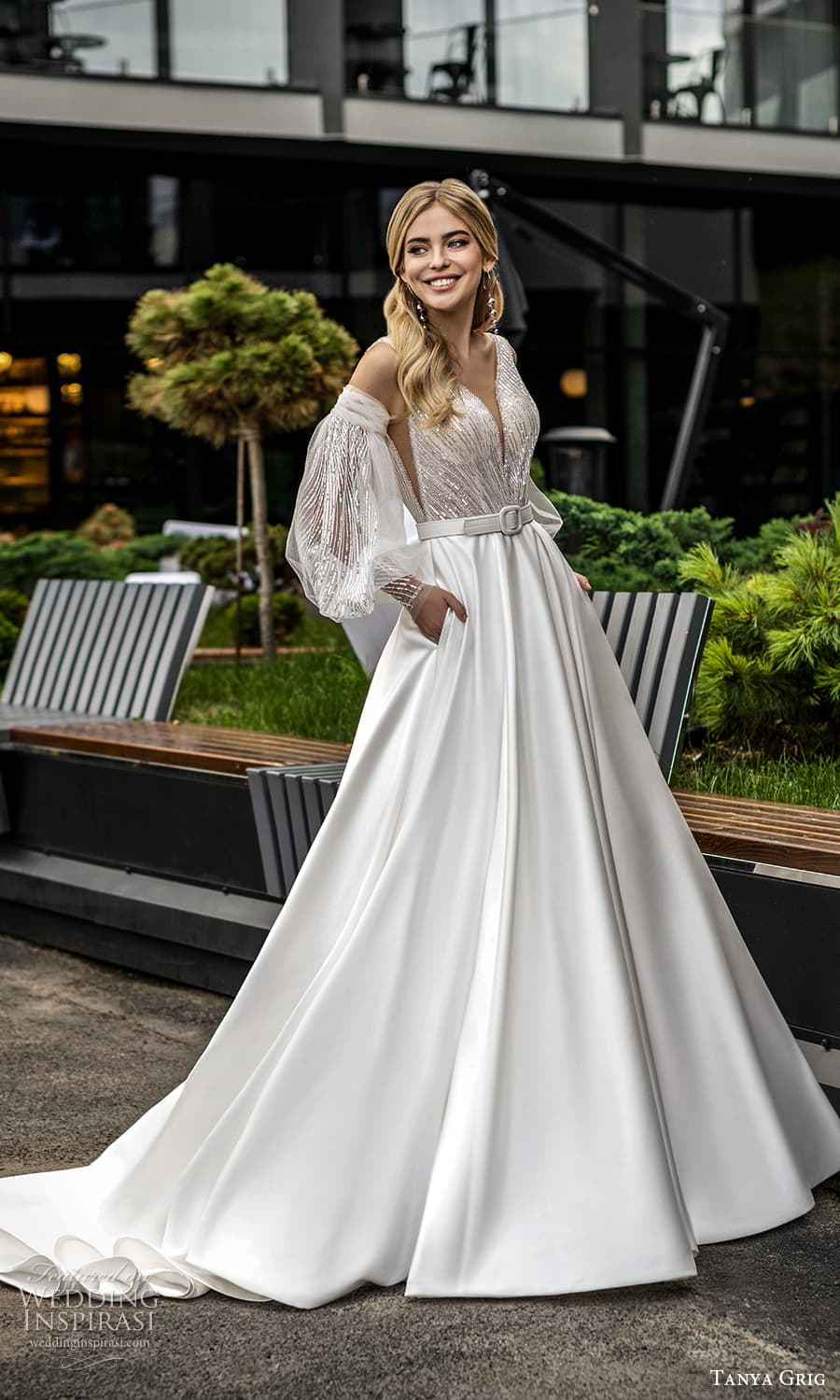 tanya grig 2022 bridal detached balloon puff sleeve straps plunging v neckline embellished bodice clean skirt a line wedding dress pocket chapel train (20) mv