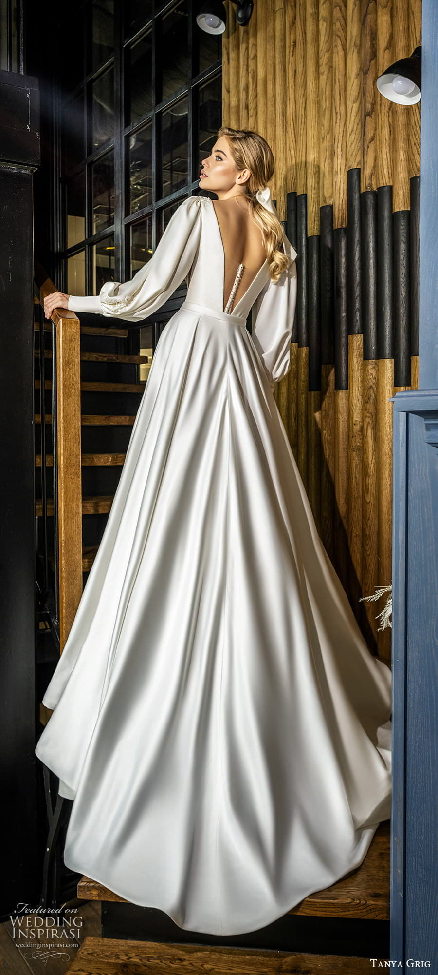 tanya grig 2022 bridal long bishop sleeves plunging v neckline clean minimalist a line ball gown wedding dress chapel train (7) bv