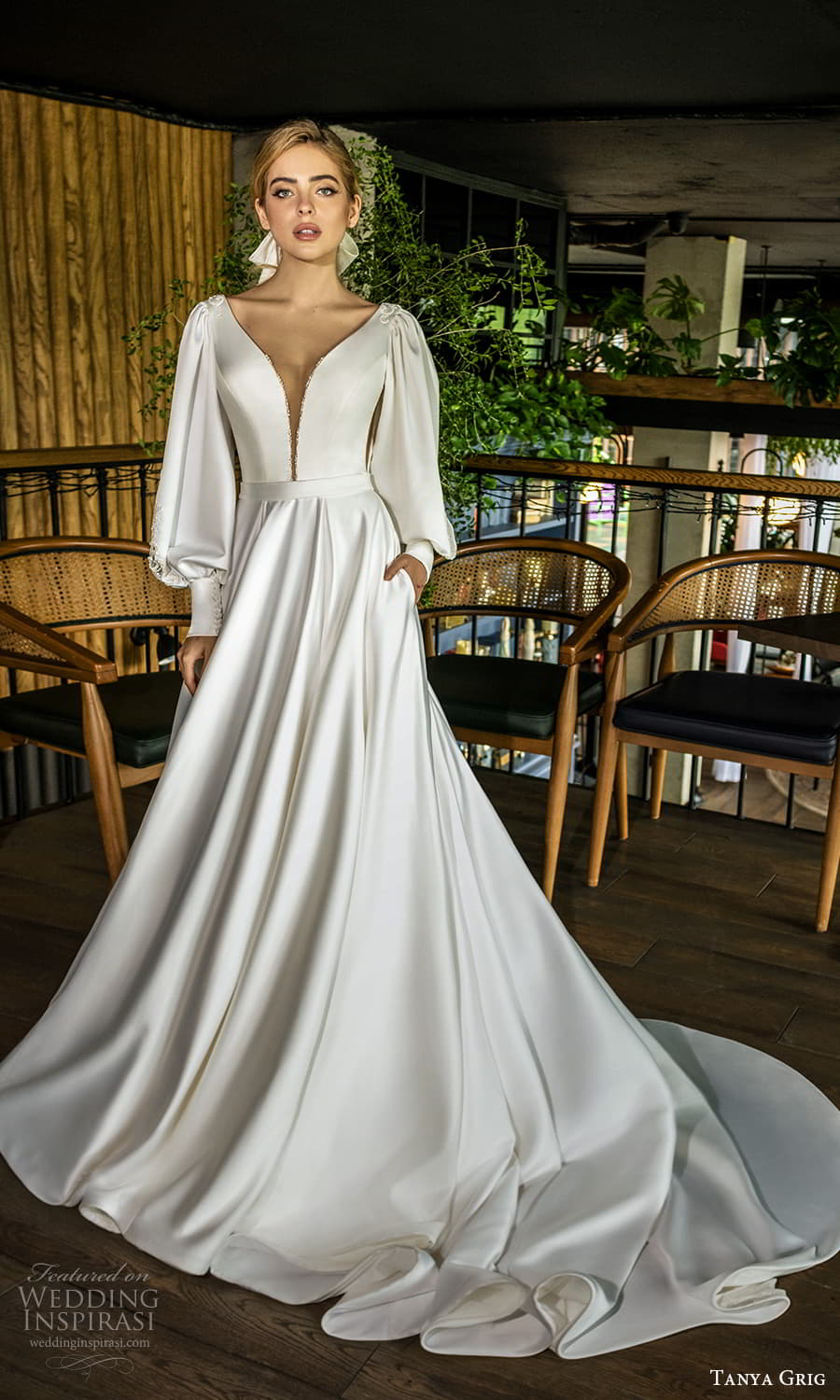 tanya grig 2022 bridal long bishop sleeves plunging v neckline clean minimalist a line ball gown wedding dress chapel train (7) mv