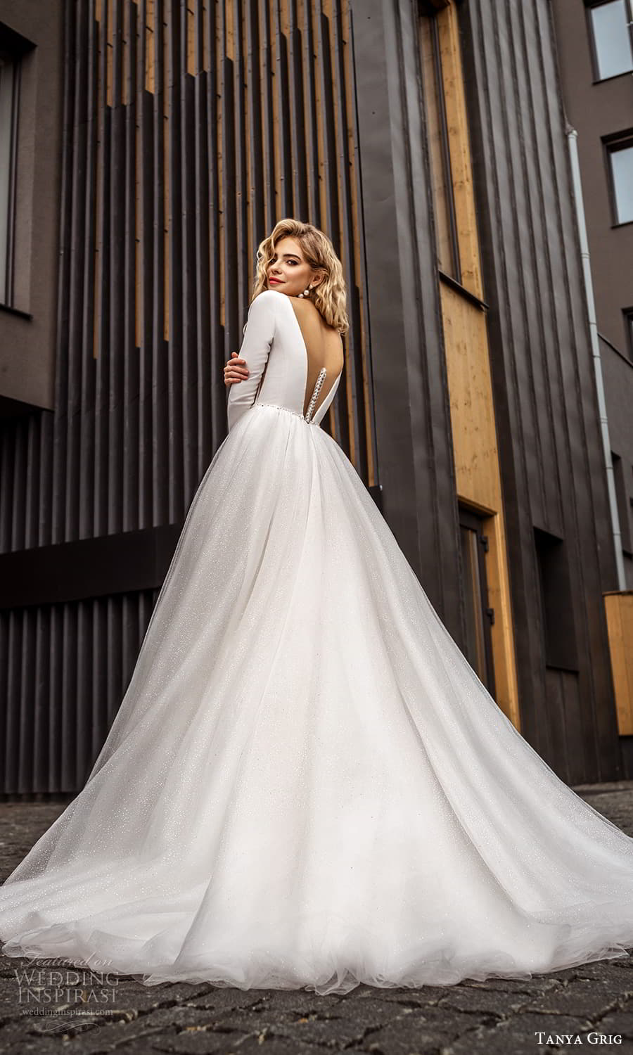 tanya grig 2022 bridal long sleeve embellished v neckline clean minimalist a line ball gown wedding dress chapel train v back (6) bv