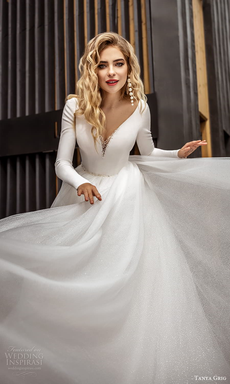 tanya grig 2022 bridal long sleeve embellished v neckline clean minimalist a line ball gown wedding dress chapel train v back (6) zv